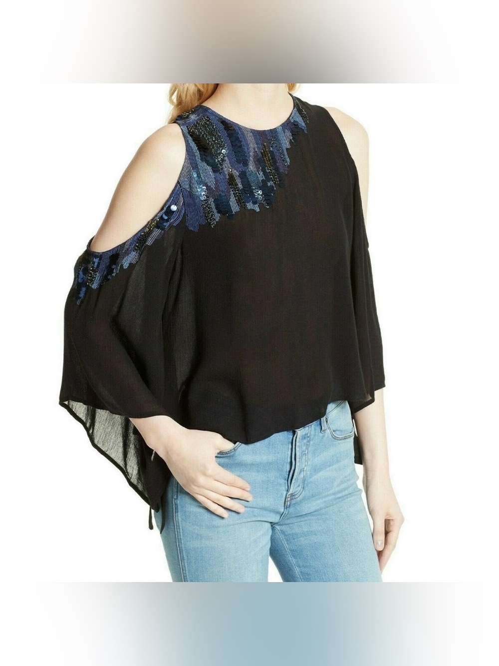 Free People All About You Sequin Cold Shoulder Black & Blue Open Back Blouse L